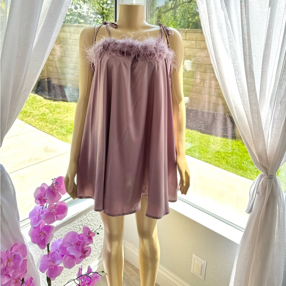 Nasty Gal Feather Trim Satin Nighty Slip Dress Purple Size 8 Shift Dress - Picture 5 of 14